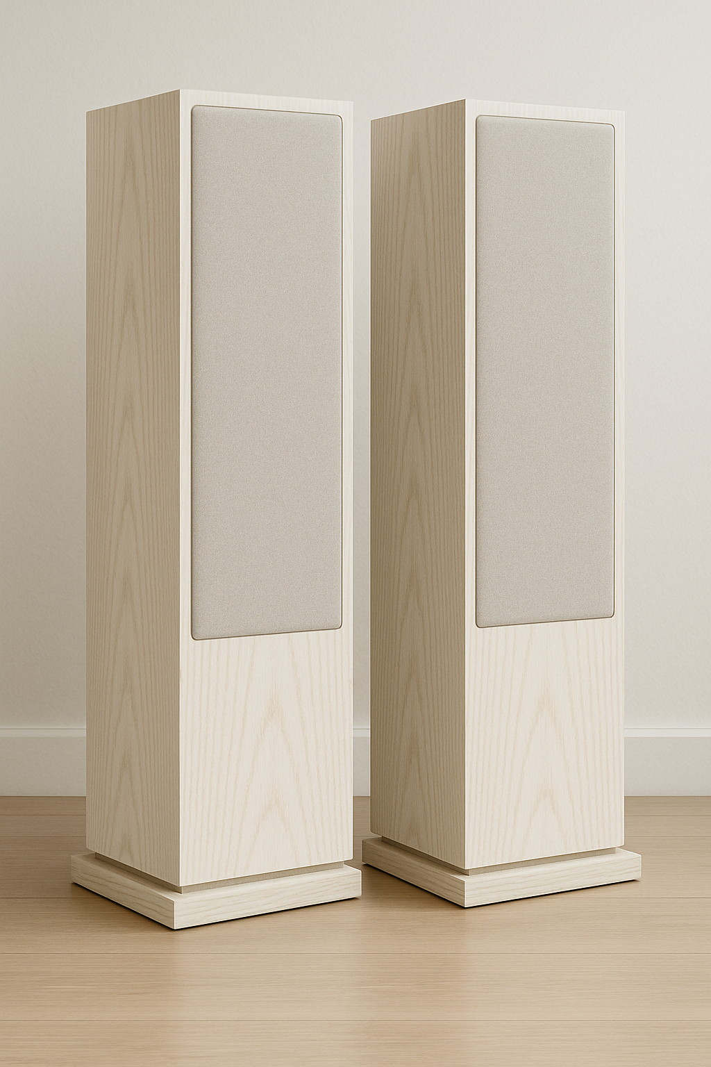 AI-rendered white-washed wooden floor standing loudspeaker with very, very light gray grills.