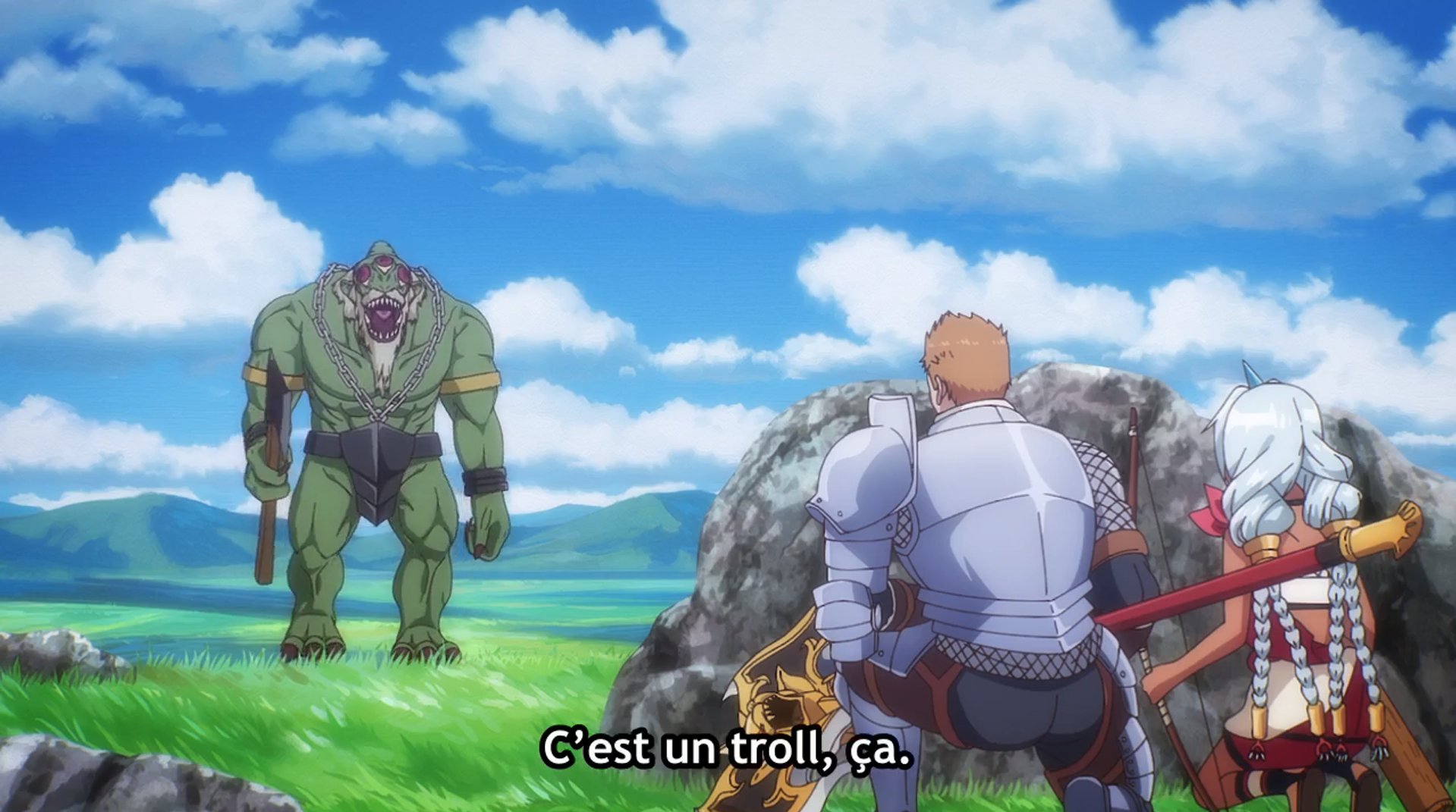 Capture de l'anime: "The Frontier Lord Begins with Zero Subjects" on voit deux personnages de dos accroupis derrière un rocher dans une plaine verdoyante dire "c'est un troll, ca". Un peu plus loin on voit un grand monstre baraqué et vert s'approcher dans leur direction.